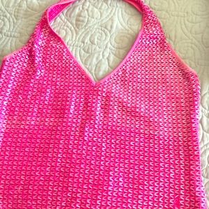 By Cache.   Hot pink, stretchy beaded halter top